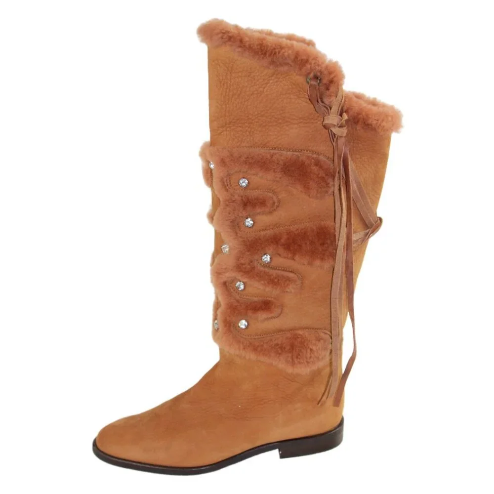 Russell & Bromley Rust Brown Leather Shearling Stud Accent Tall Boot, Size 36.5